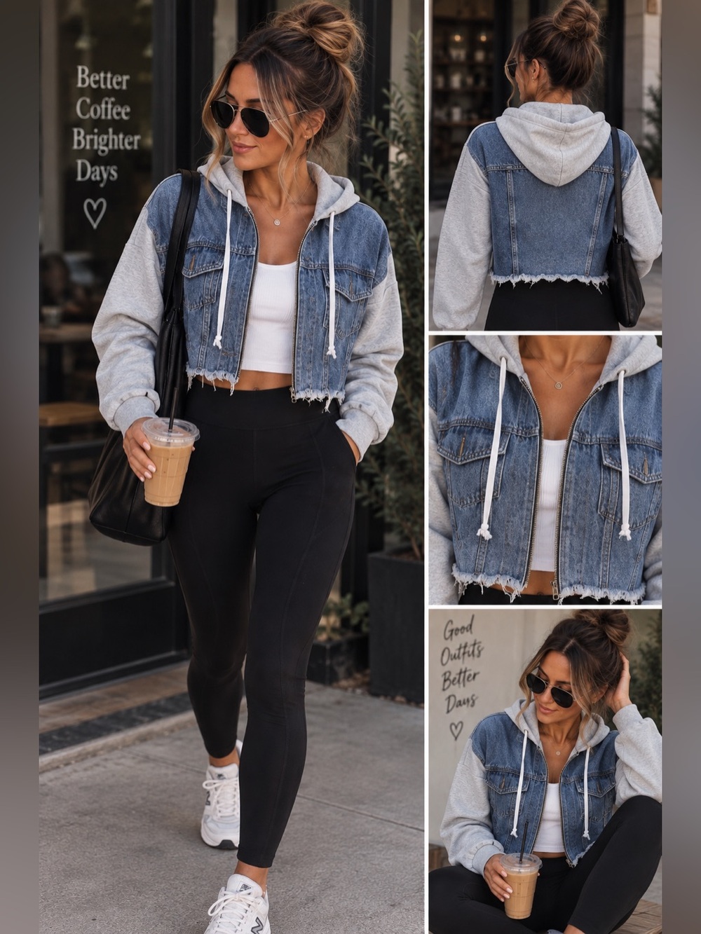 Blue Denim Cropped Hooded Jean Jacket with Gray Hoodie Sleeves XS